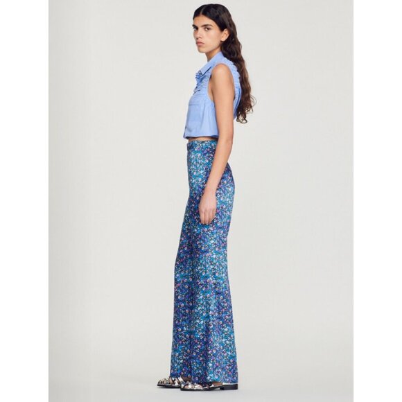 Sandro | Donelo Satin Floral Print Flare Pants In Purple/Blue - Picture 6 of 16